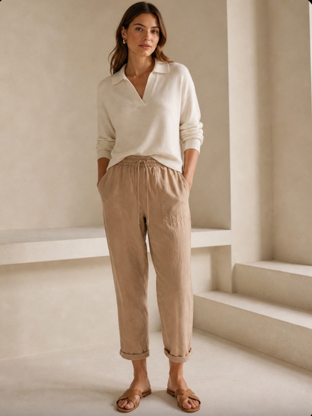 J. Crew Re-Imagined Linen Lyocell Blend Drawstring Jogger Pants Tan Medium